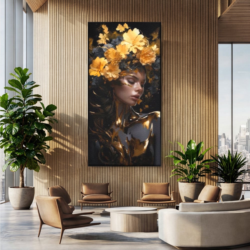 Tablou canvas cu tablou canvas cu portret de femeie aurita, in rama de aluminiu negru, pe perete intr-un birou